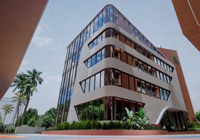 Fern Tellapur clubhouse exterior — curved glass amenity block