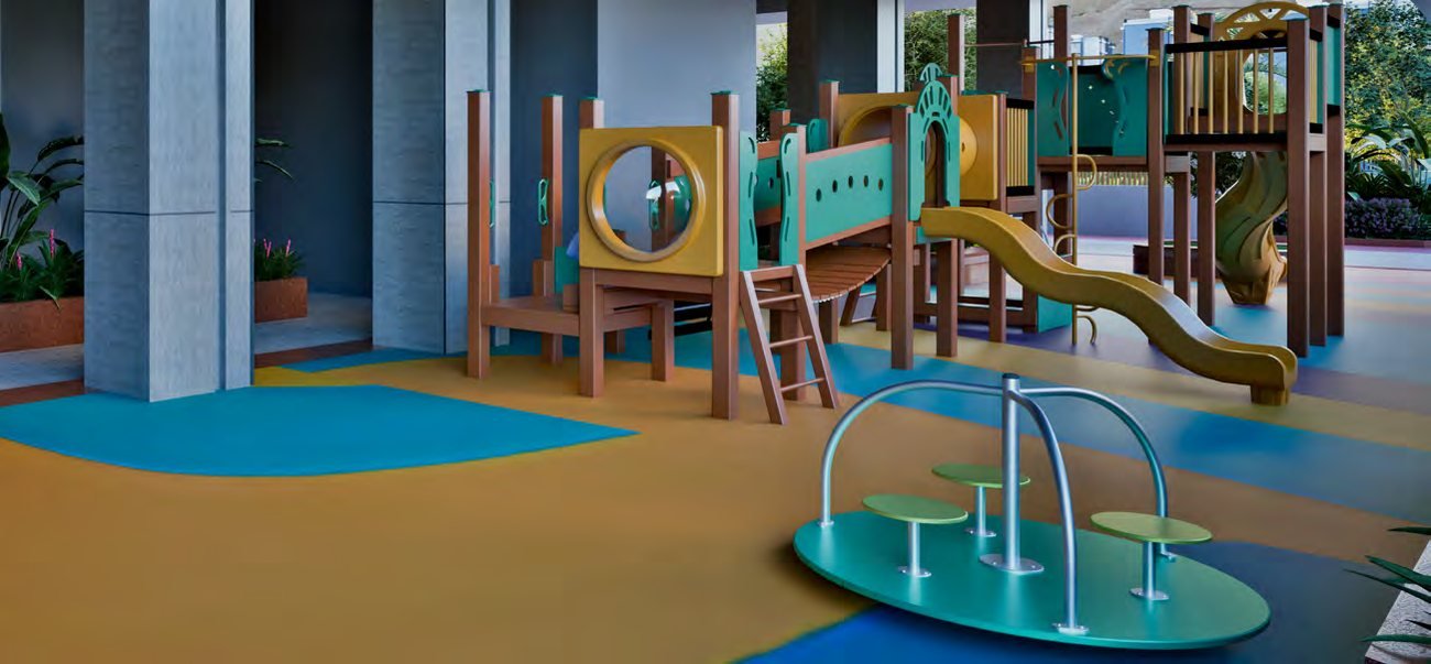 Fern Tellapur kids play area with slides and soft flooring at stilt level