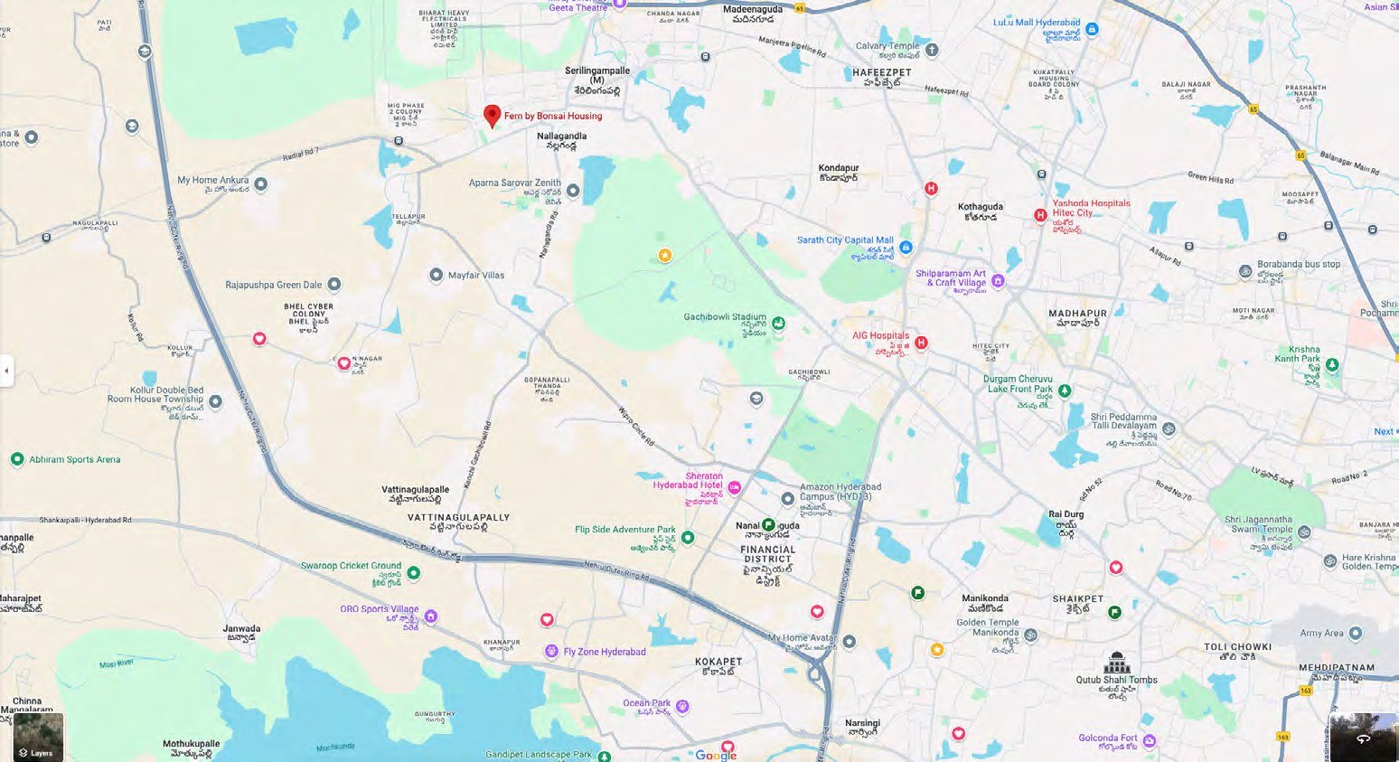 Fern Tellapur location map showing Nallagandla, Gopanpally, Gachibowli, Financial District, Kokapet and the ORR